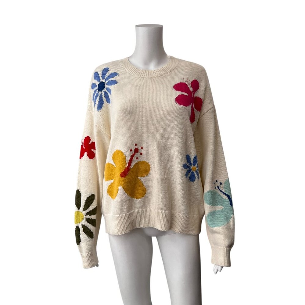 $275 Rails Ivory Hibiscus Zoey Pullover Floral Knit Sweater size Large - Picture 2 of 9